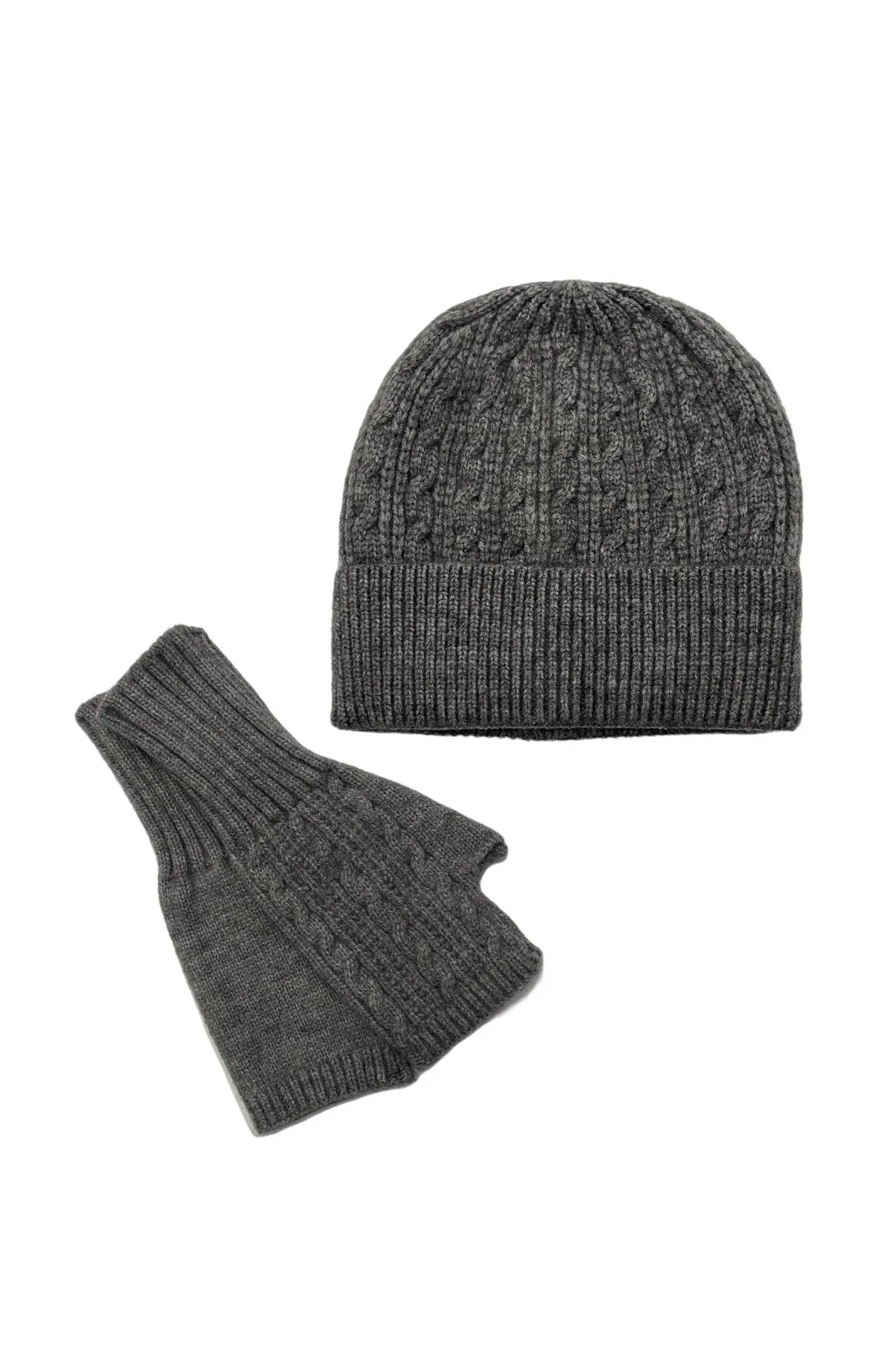 Grey Cable Knit Hat & Fingerless Gloves Set