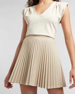 High Waisted Pleated Vegan Leather Tennis Skirt in Sandshell