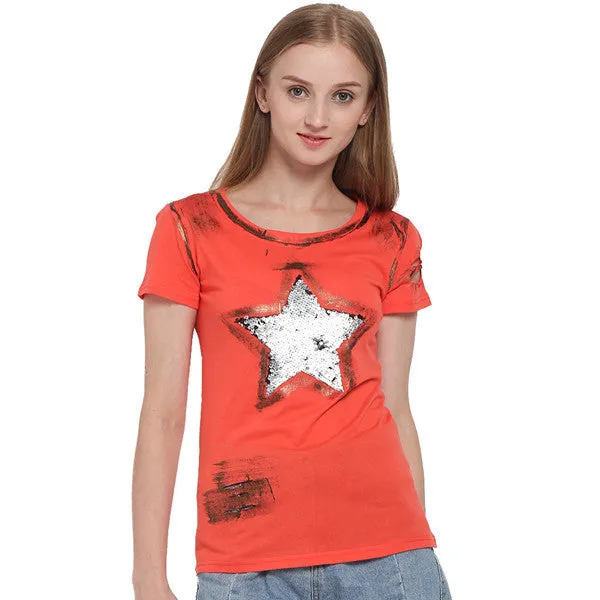 ILISMABA fashion t shirt women 2017 new short sleeve summer Large five-pointed star super flash holes pink summer shirt XL XXL