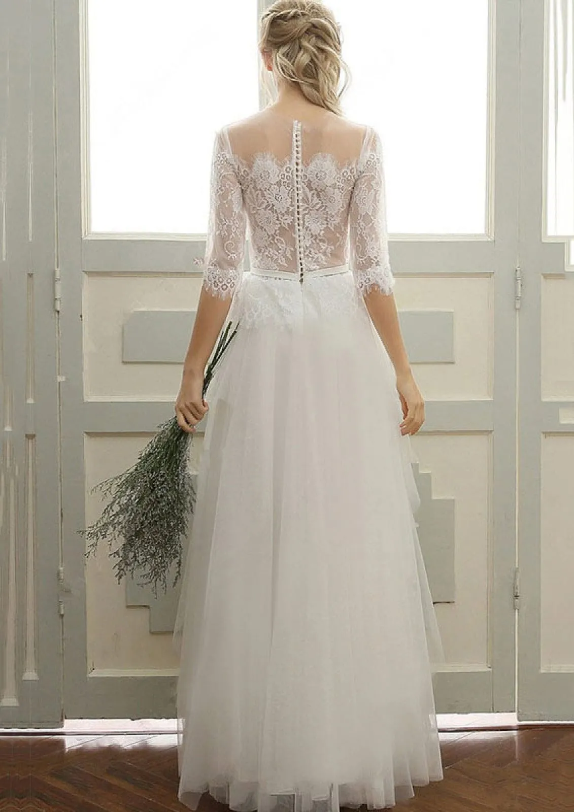 Illusion Lace Half Sleeve Tulle Long Bridal Wedding Dress, Buttons