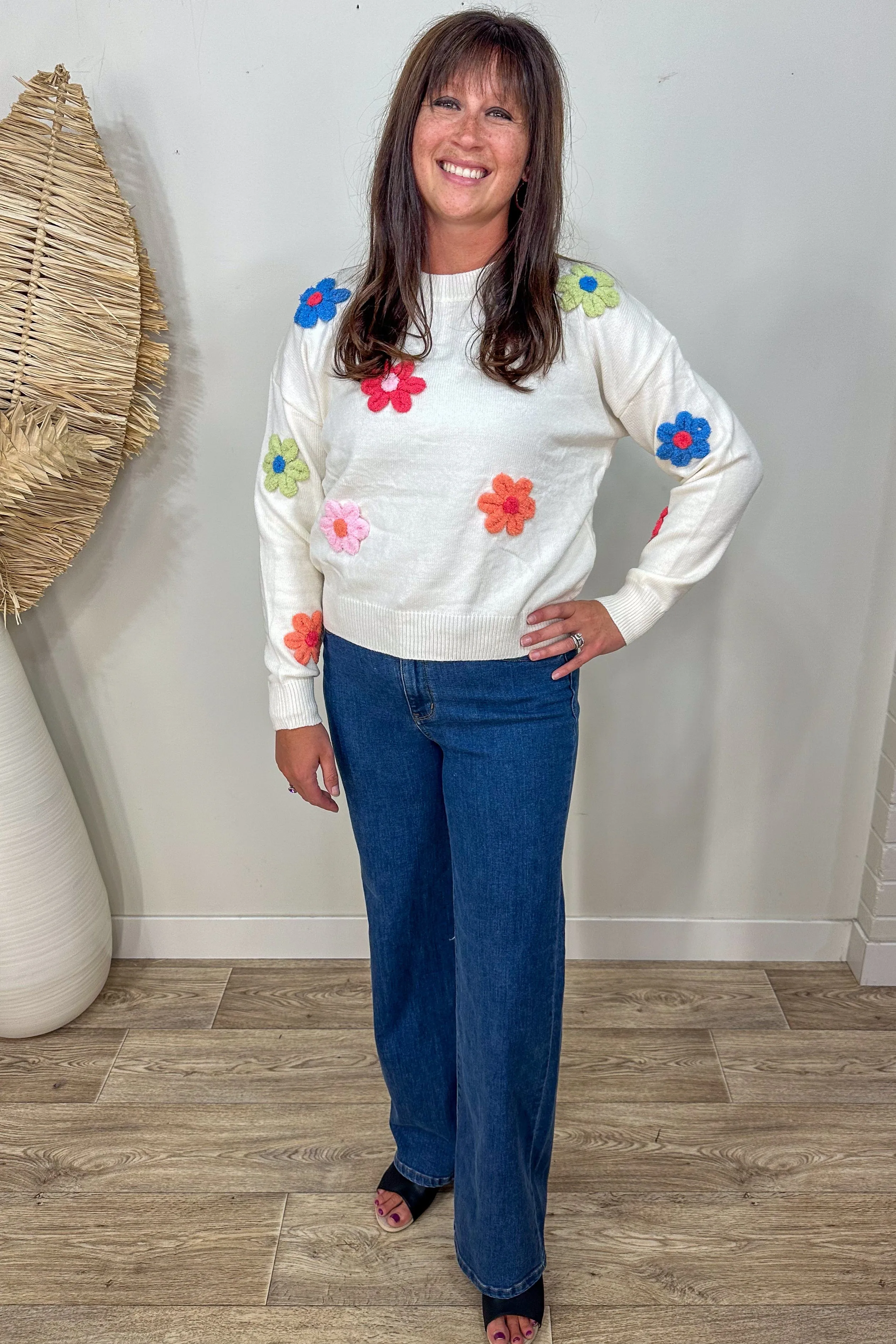 Ivory & Colorful Raised Floral Sweater