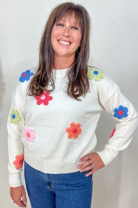 Ivory & Colorful Raised Floral Sweater