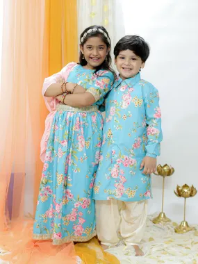 Jashvi Aqua Floral Print Sibling Set