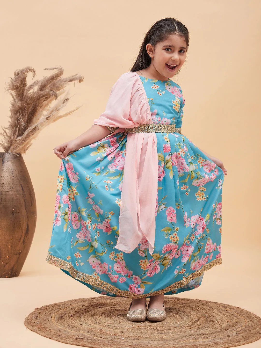 Jashvi Aqua Floral Print Sibling Set