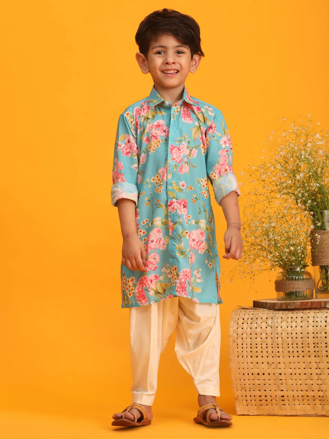 Jashvi Aqua Floral Print Sibling Set