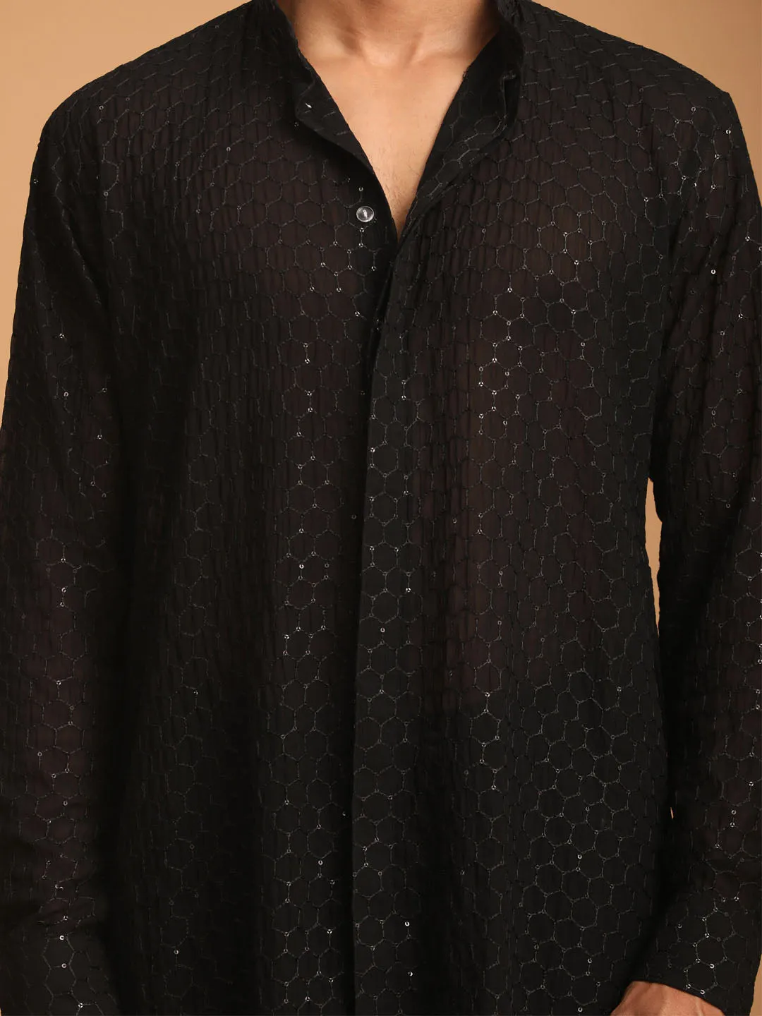 Jashvi Men's Black Sequined Front Open Georgette Kurta