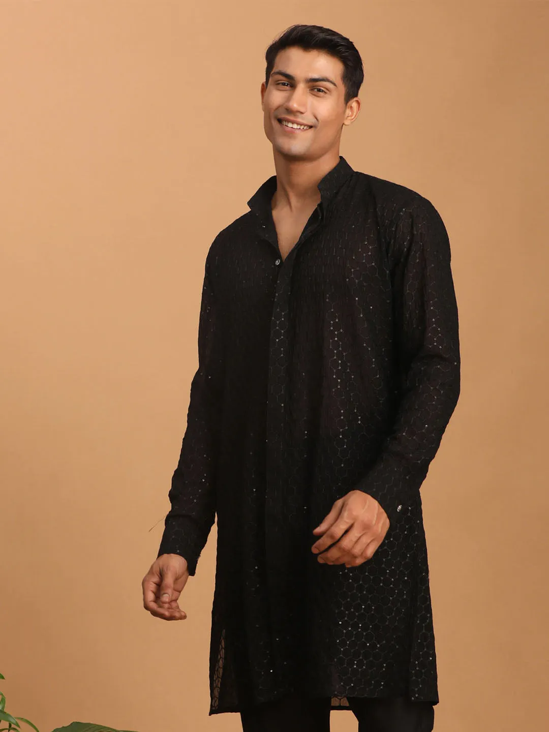 Jashvi Men's Black Sequined Front Open Georgette Kurta