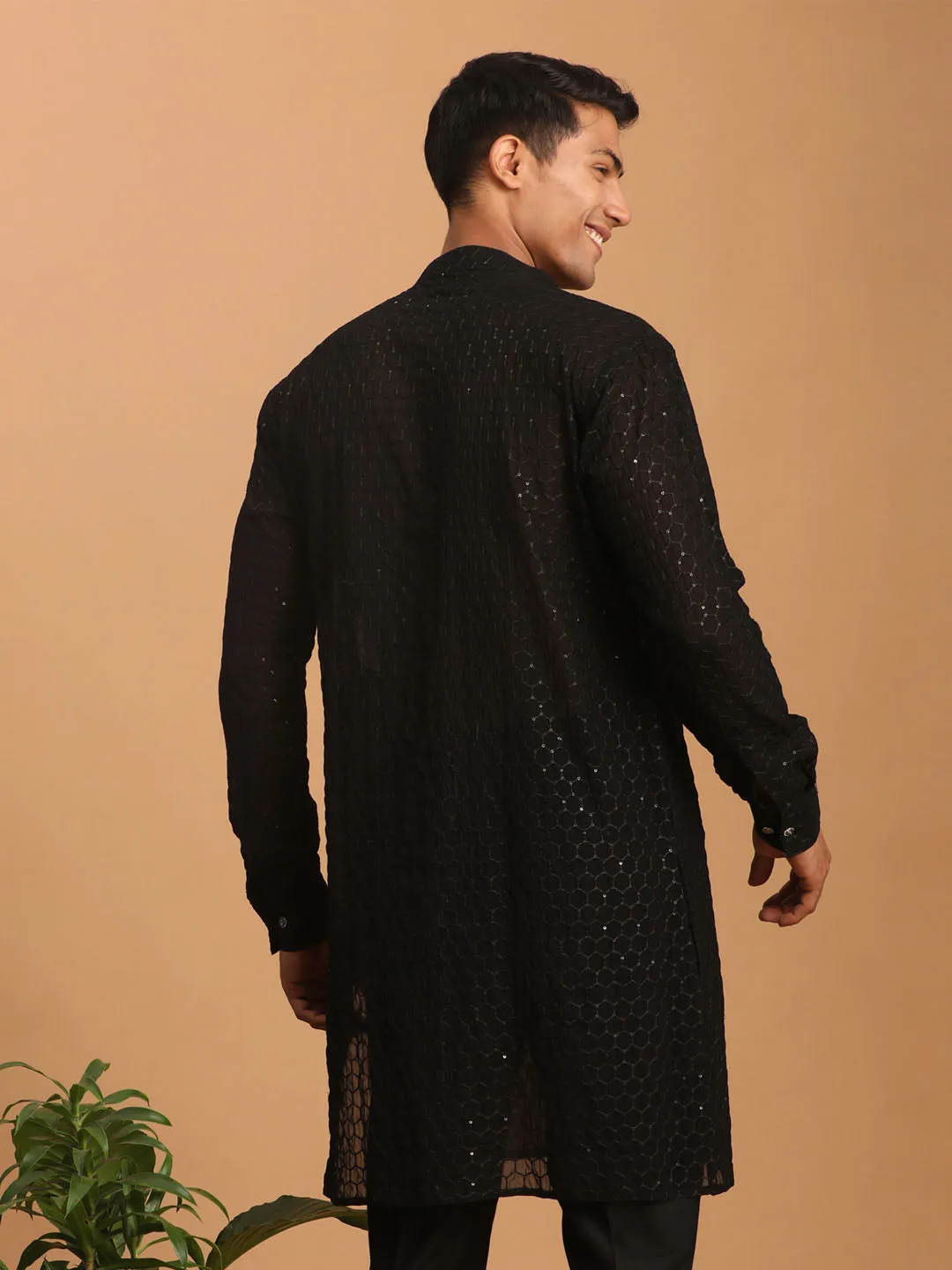 Jashvi Men's Black Sequined Front Open Georgette Kurta