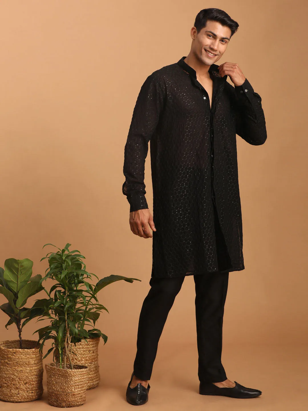 Jashvi Men's Black Sequined Front Open Georgette Kurta