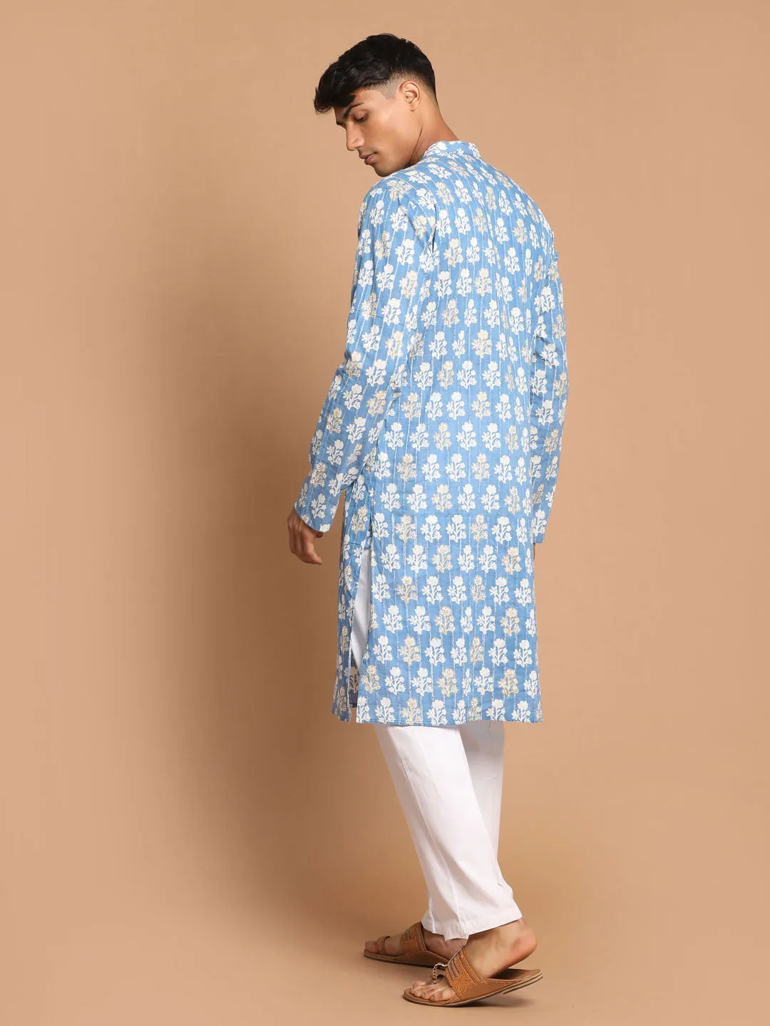 Jashvi Men's Blue Floral Printed Sequined Pure Cotton Kurta With Pajama Set