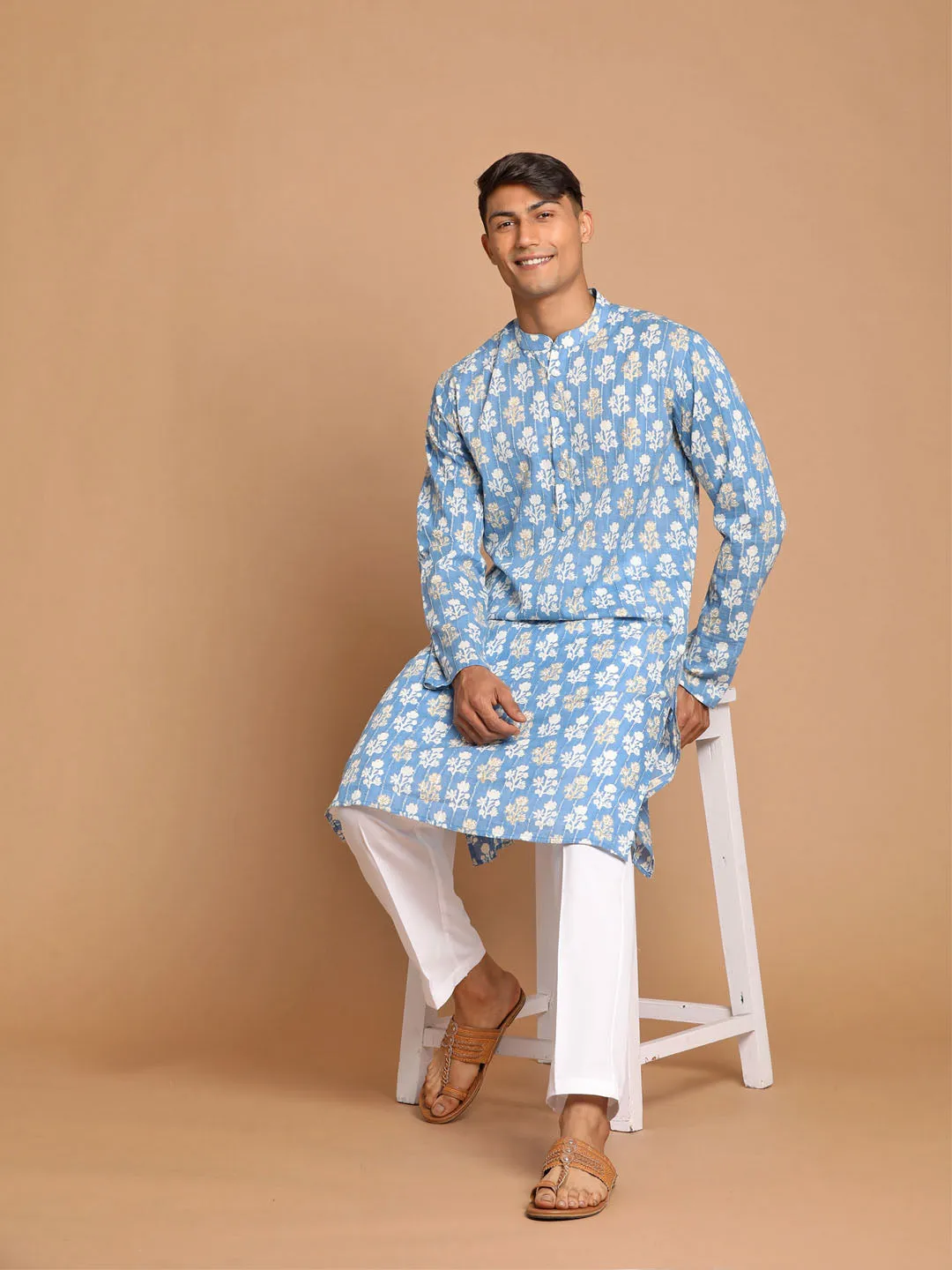 Jashvi Men's Blue Floral Printed Sequined Pure Cotton Kurta With Pajama Set