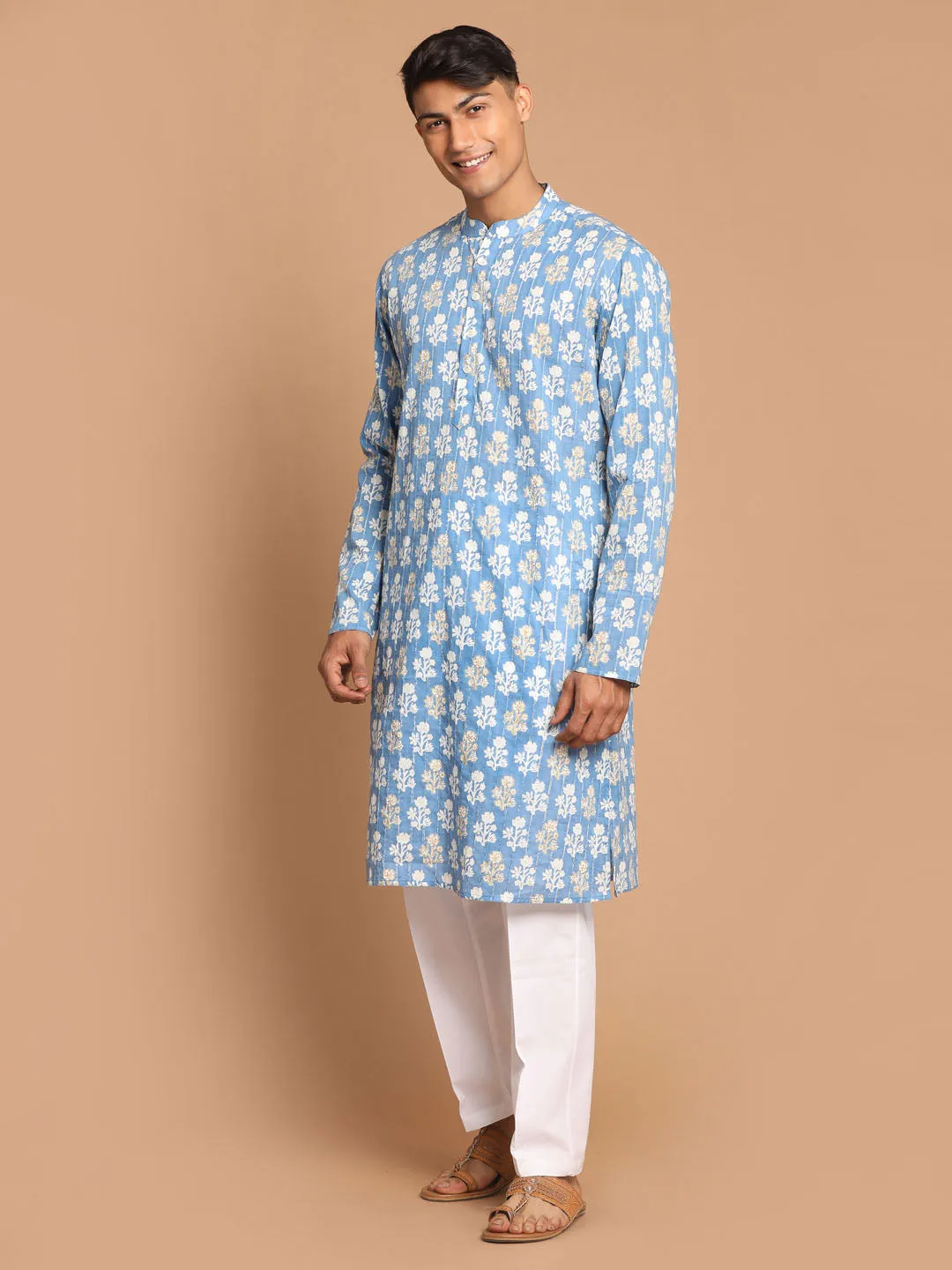 Jashvi Men's Blue Floral Printed Sequined Pure Cotton Kurta With Pajama Set