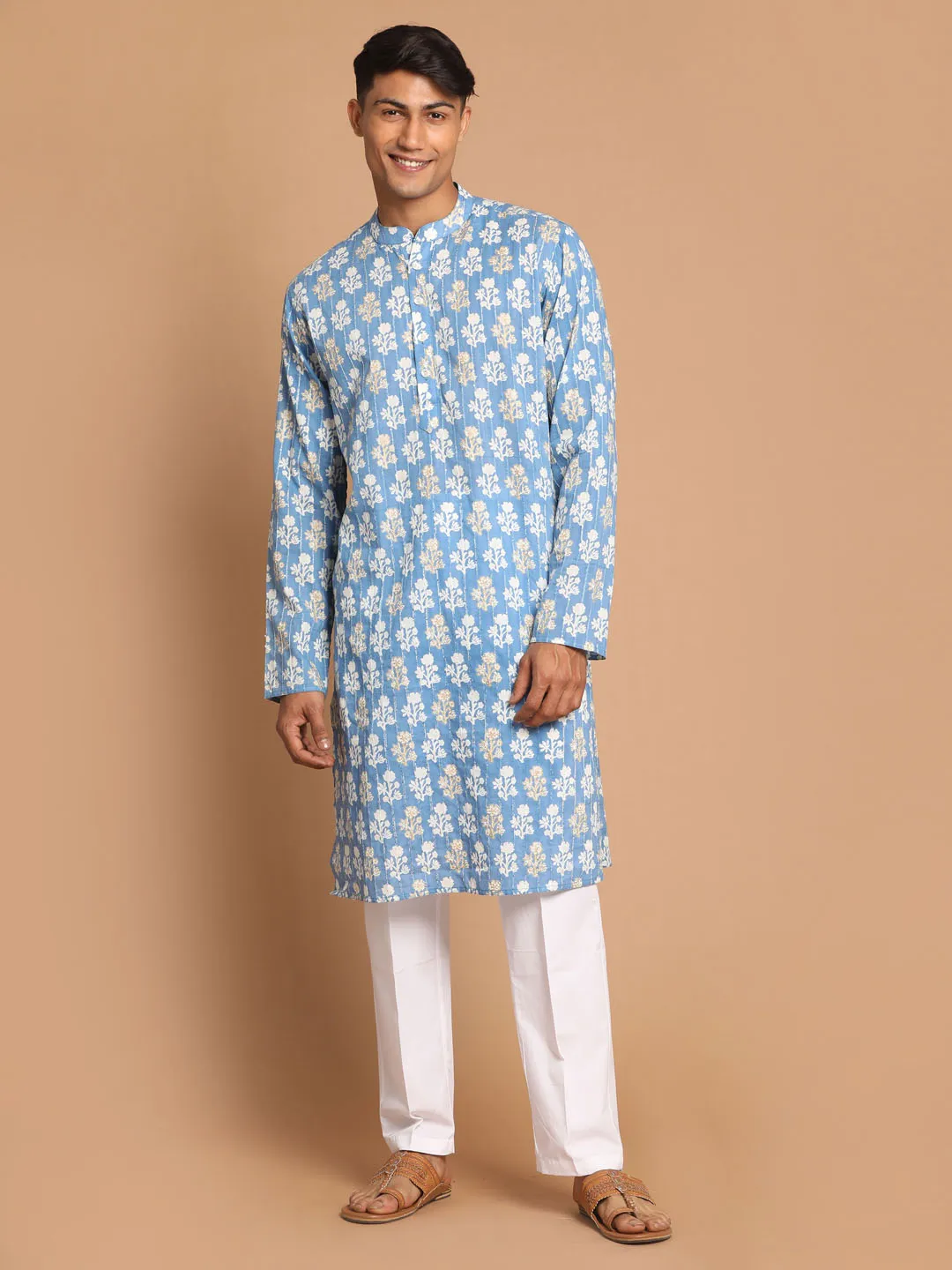 Jashvi Men's Blue Floral Printed Sequined Pure Cotton Kurta With Pajama Set