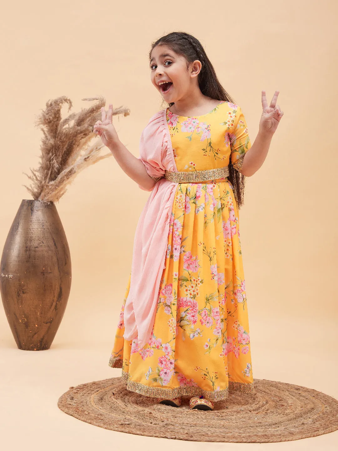 Jashvi Yellow Floral Print Sibling Set