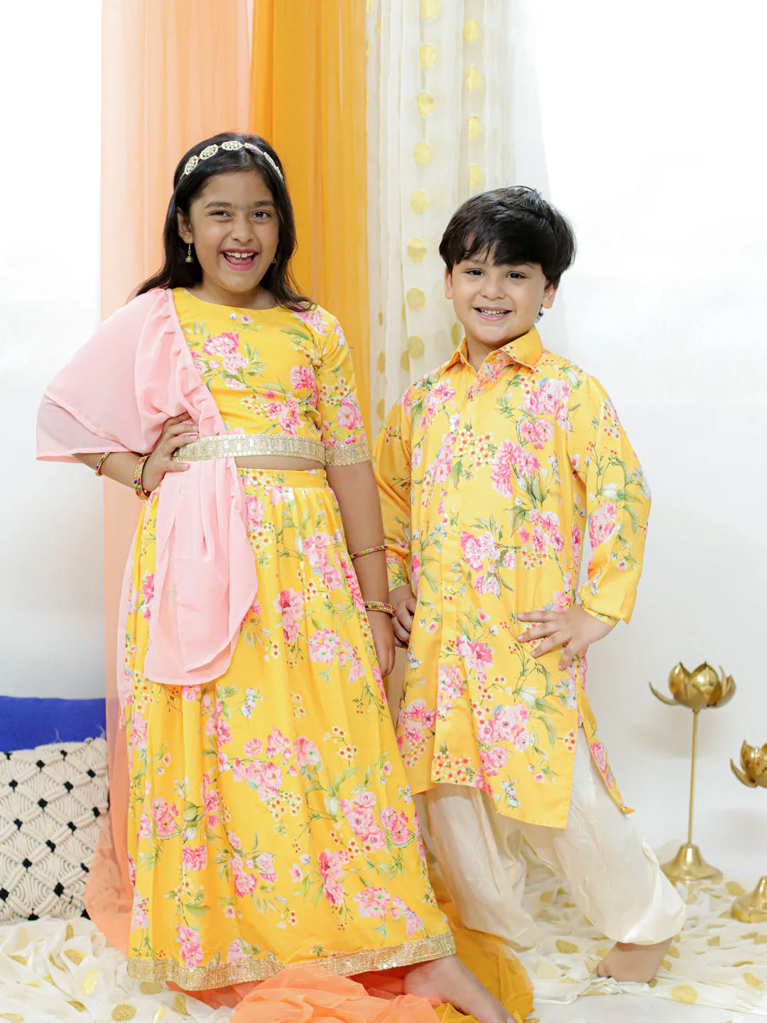 Jashvi Yellow Floral Print Sibling Set