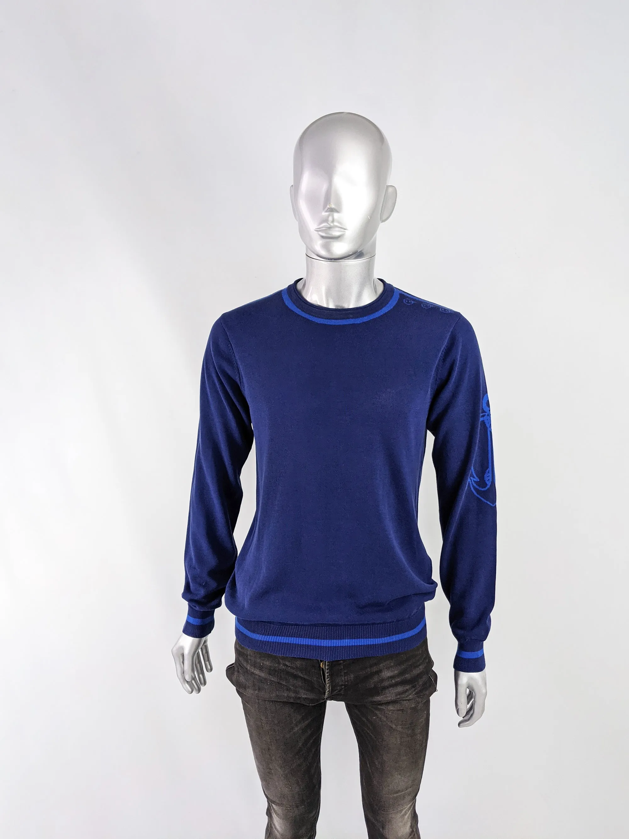 JC De Castelbajac Mens Vintage Blue Intarsia Knit Jumper, 1990s