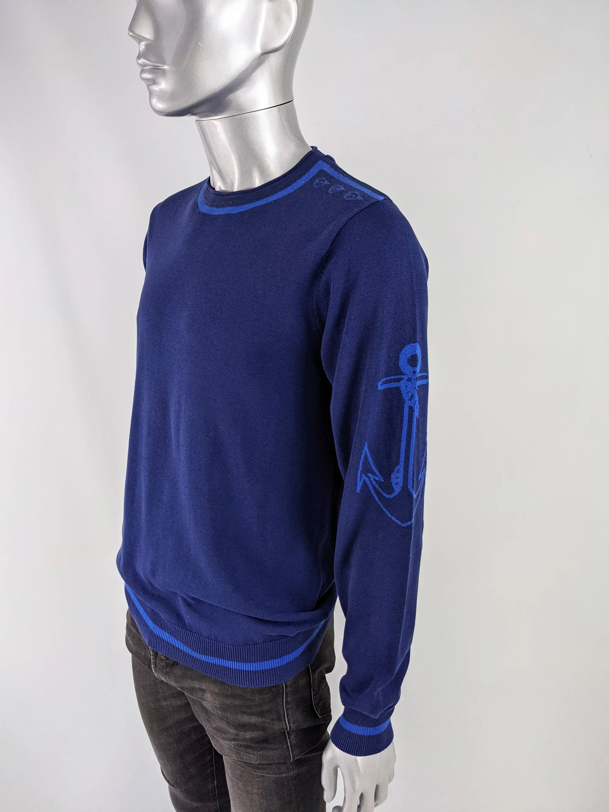 JC De Castelbajac Mens Vintage Blue Intarsia Knit Jumper, 1990s