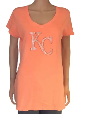 Kansas City Royals SAAG Women Neon Orange Sequin Cotton V-Neck T-Shirt