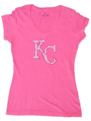 Kansas City Royals SAAG Women Neon Pink Sequin Cotton V-Neck T-Shirt