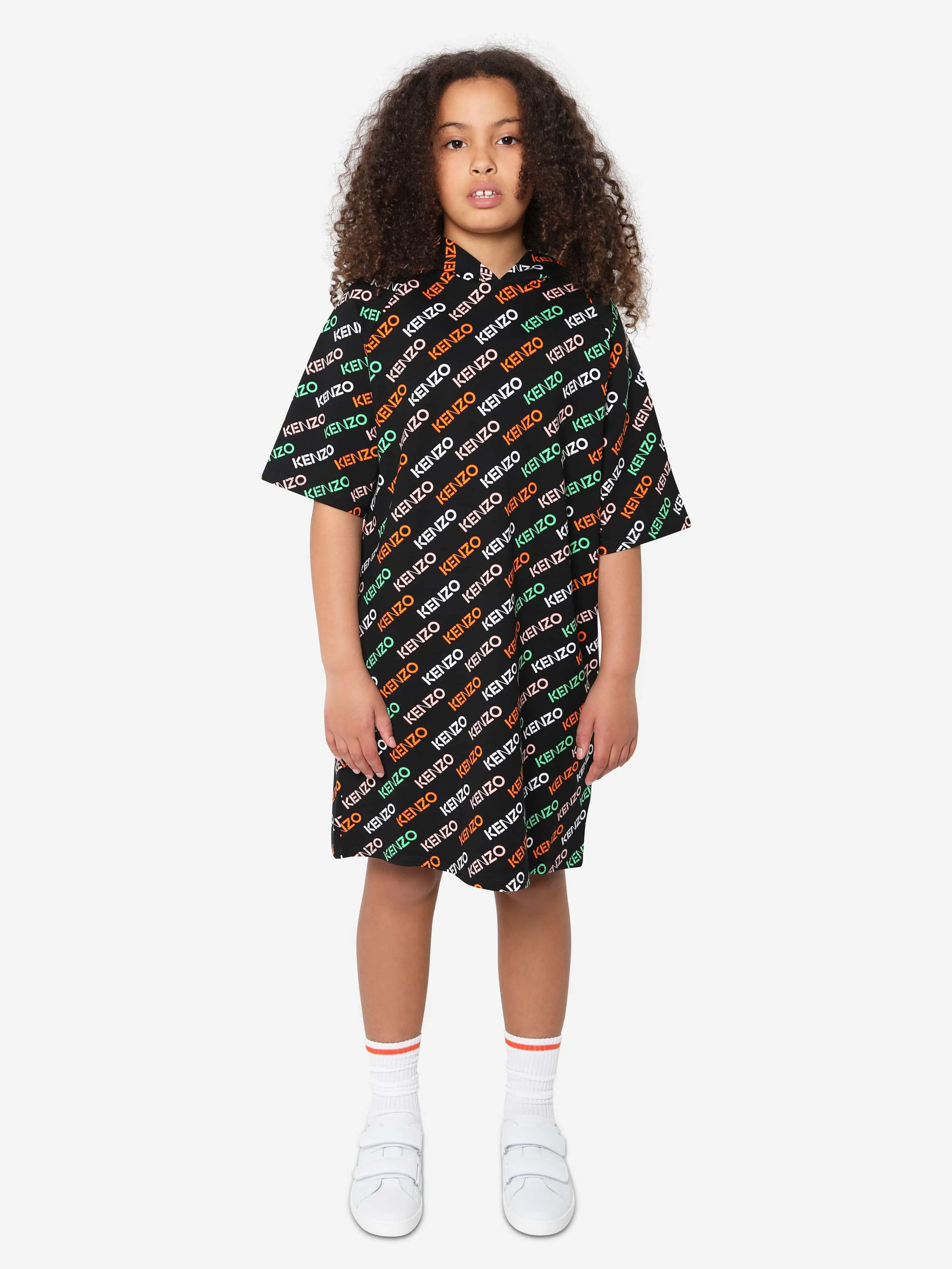 KENZO Girls Logo Print Hooded Dress in Black