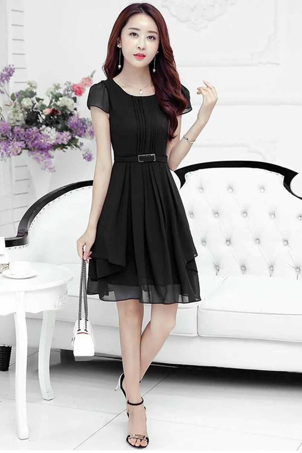 Ketty More Women Short Sleeves Waist Fastening Skater Dress-KMWD466