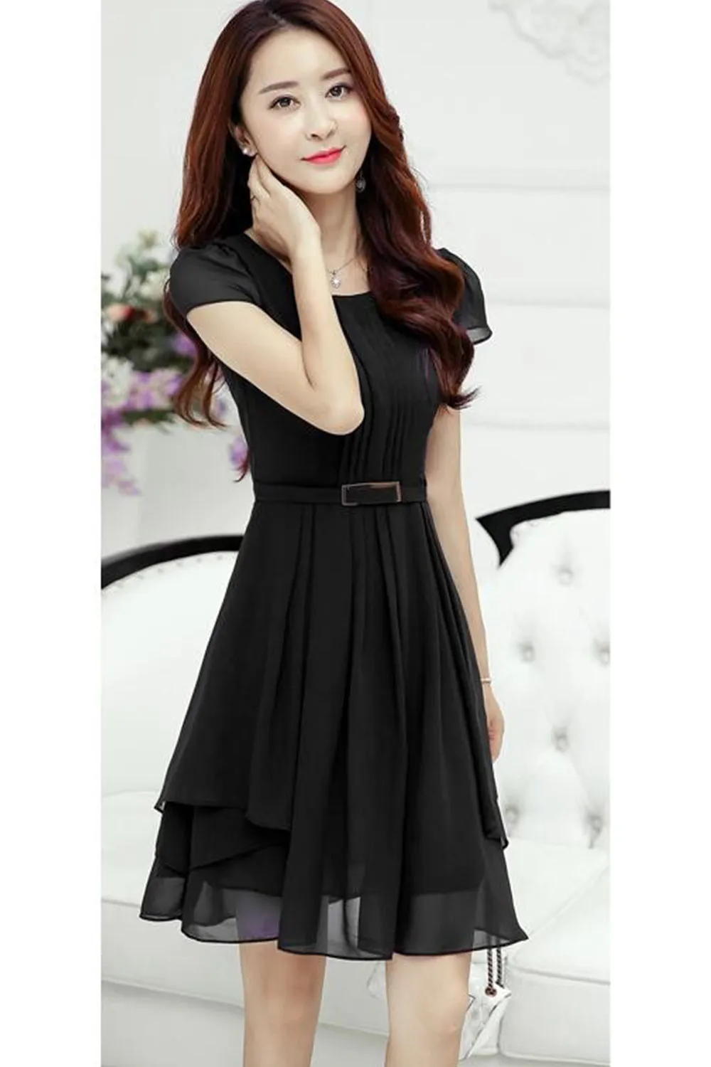 Ketty More Women Short Sleeves Waist Fastening Skater Dress-KMWD466