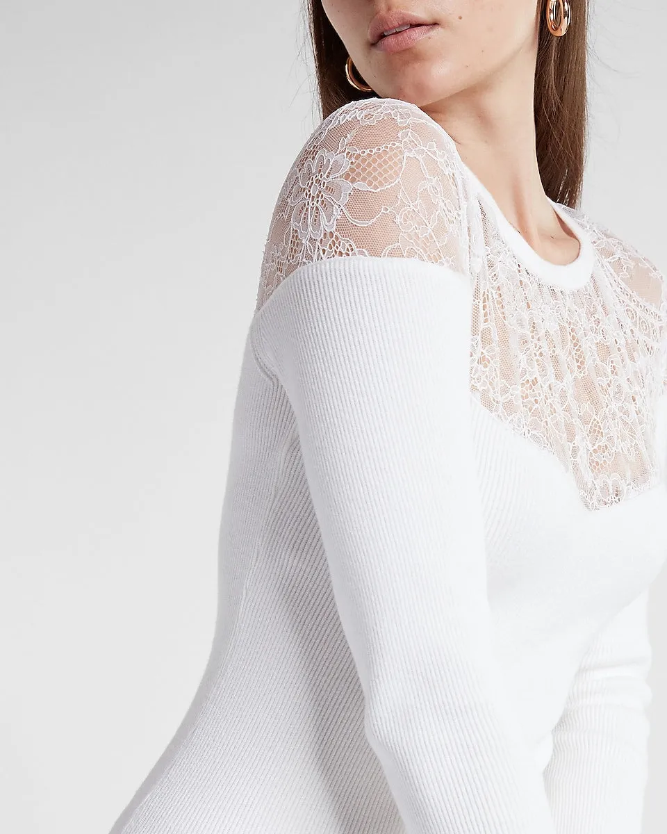 Lace Pieced Sweater Midi Dress in White