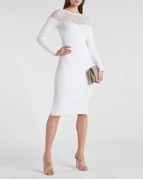 Lace Pieced Sweater Midi Dress in White