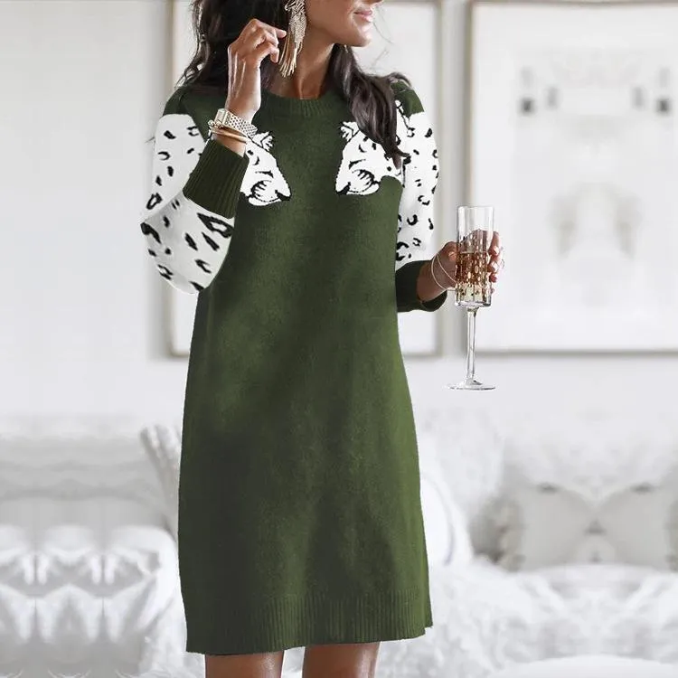 Leopard Pattern Knitted Sweater Dress