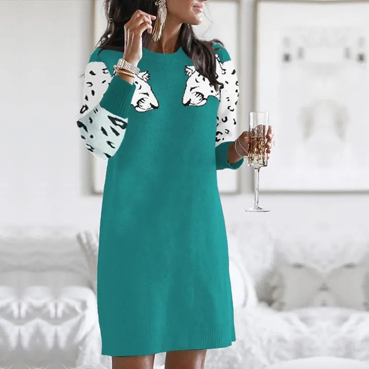 Leopard Pattern Knitted Sweater Dress