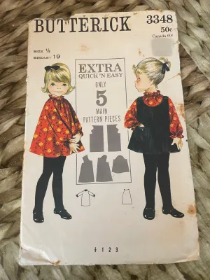 <€€ Butterick Vintage Pattern 3348 Girls Sz 1/2 Elastic Neckline Dress A-Line Jumper CUT Ephemera