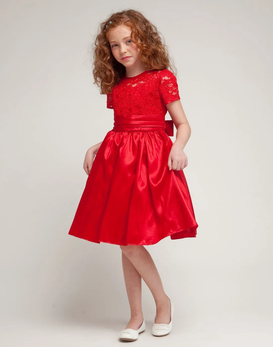 Luring Lace and Glistening Taffeta Knee length Dress - Red