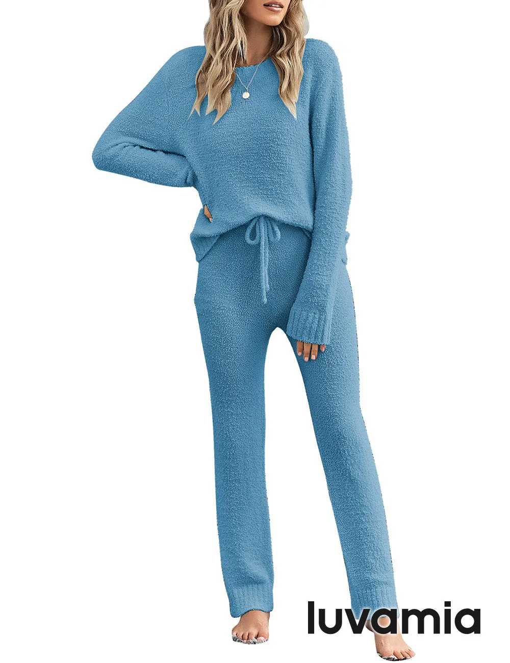 luvamia Women's Casual Pajamas Sets Long Sleeve Tops and Pants Knitted Pjs Loungewear