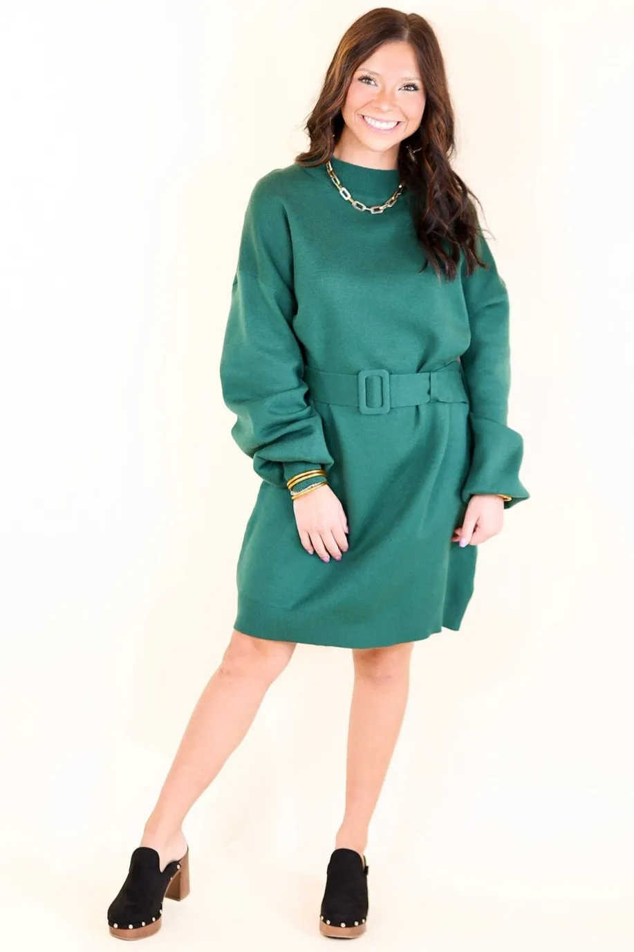 Luxurious Life Sweater Dress with Belt in Hunter Green