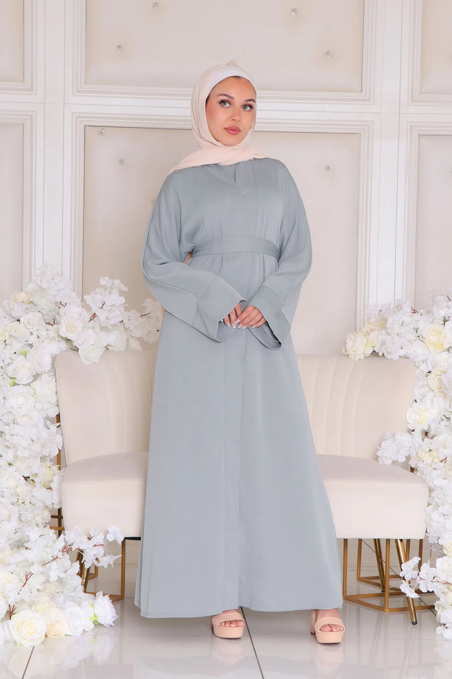 Mariah Textured Essential Open Abaya- Mint Gray