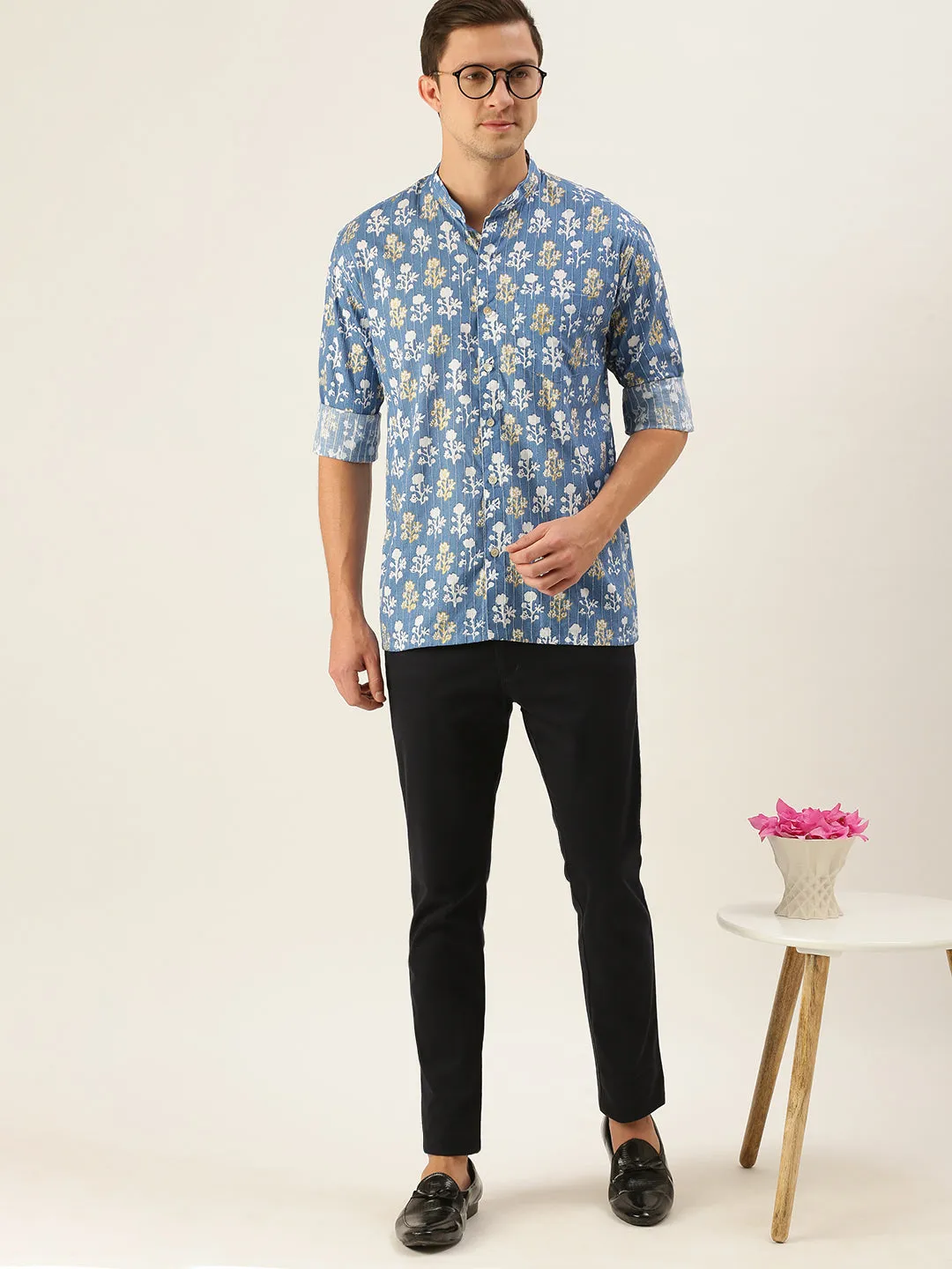 Men's Blue Cotton Ethnic Shirt - Vastramay