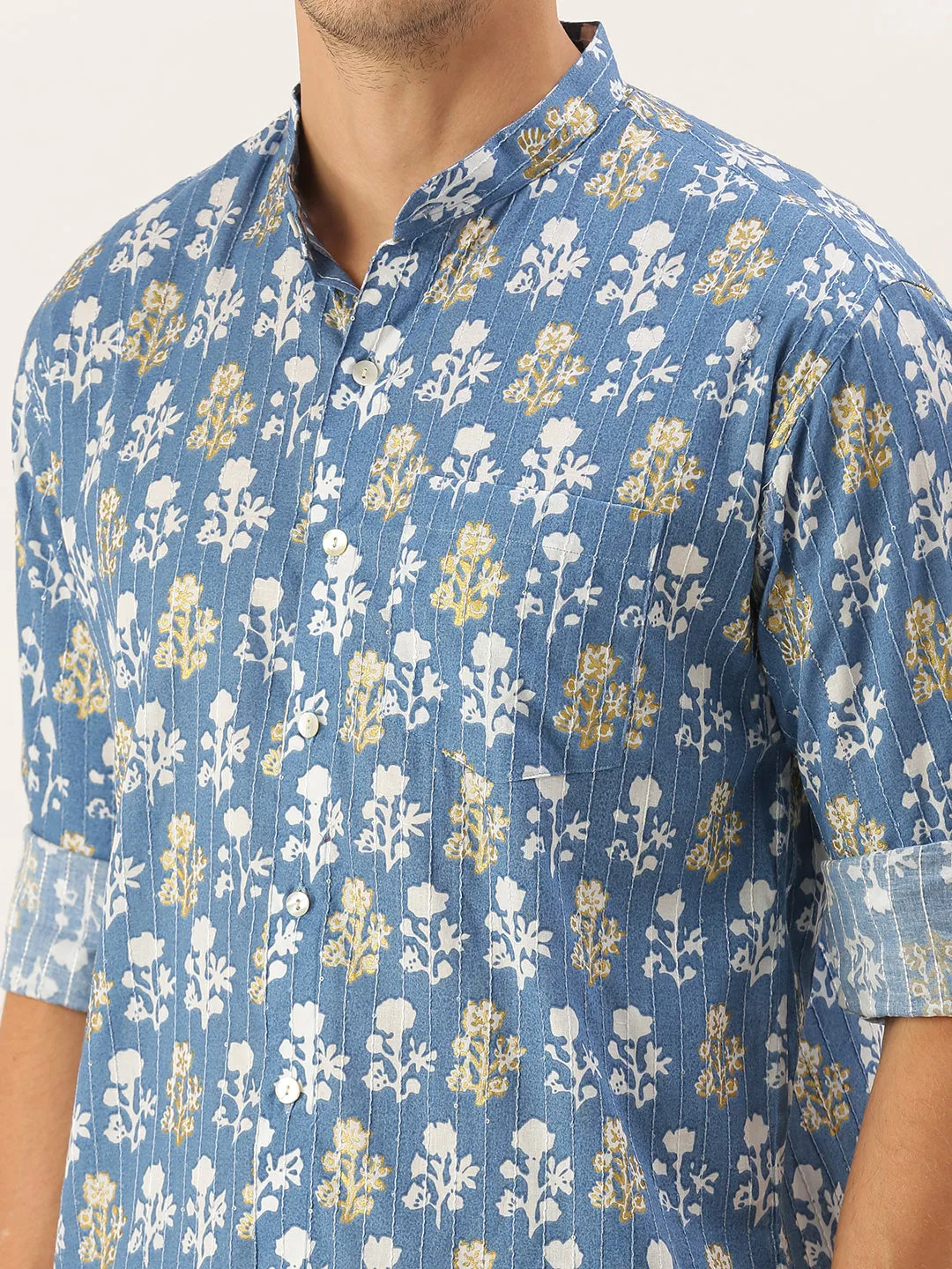 Men's Blue Cotton Ethnic Shirt - Vastramay