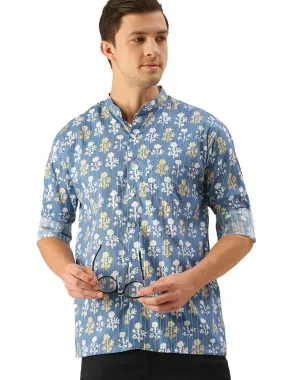 Men's Blue Cotton Ethnic Shirt - Vastramay