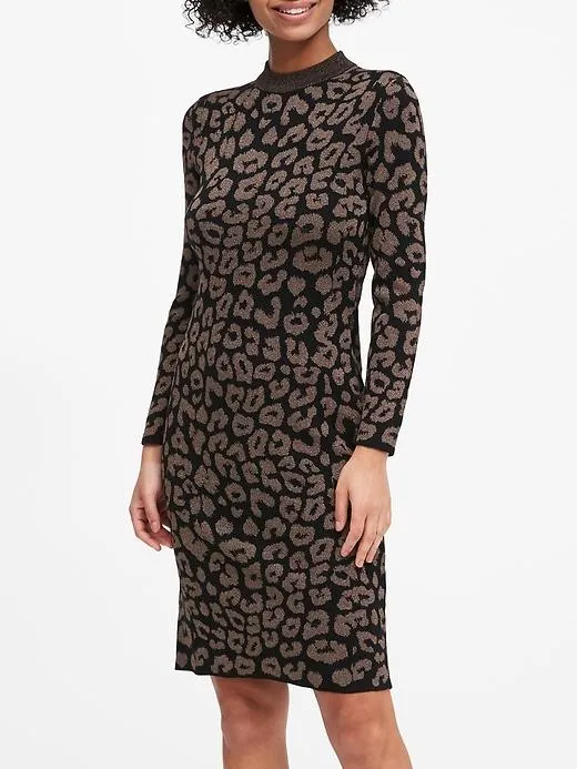 Metallic Leopard Sweater Dress in Black & Leopard