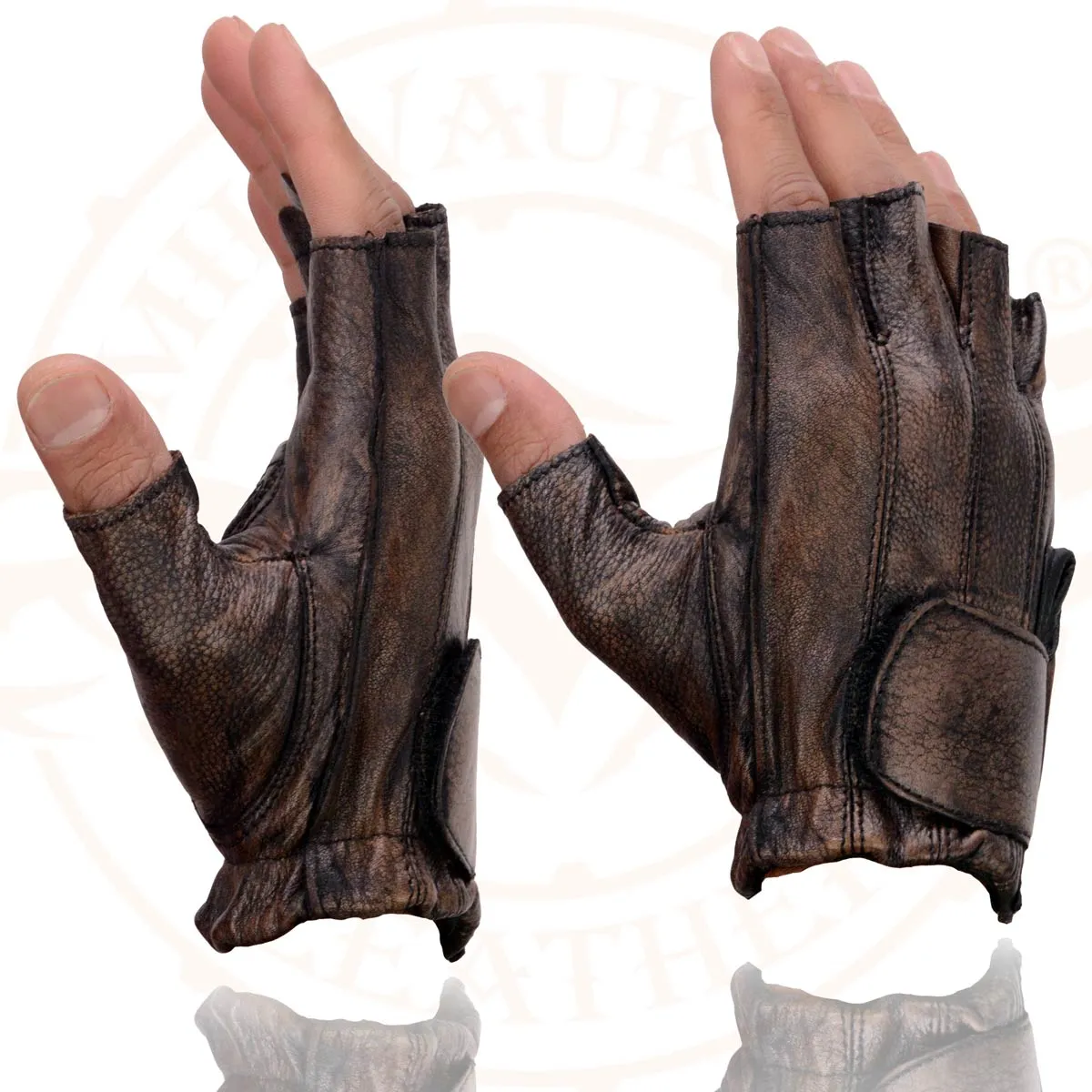 Milwaukee Leather MG7561 Men's Brown Leather Gel Padded Palm Fingerless Motorcycle Hand Gloves Made W/ ‘Naked Leather’