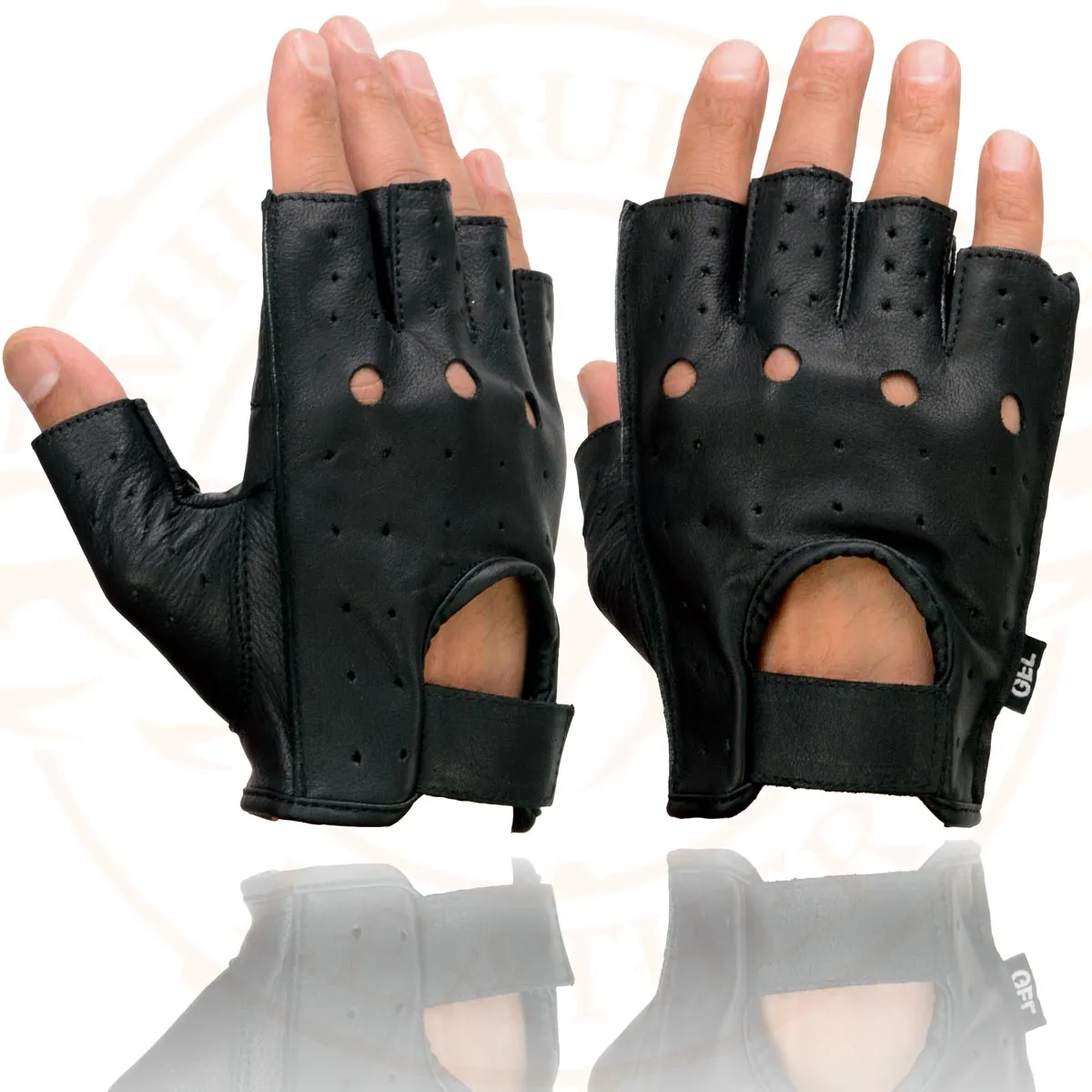 Milwaukee Leather SH195 Men's Black Leather Perforated Gel Padded Palm Fingerless Motorcycle Hand Gloves W/ ‘Open Knuckle’