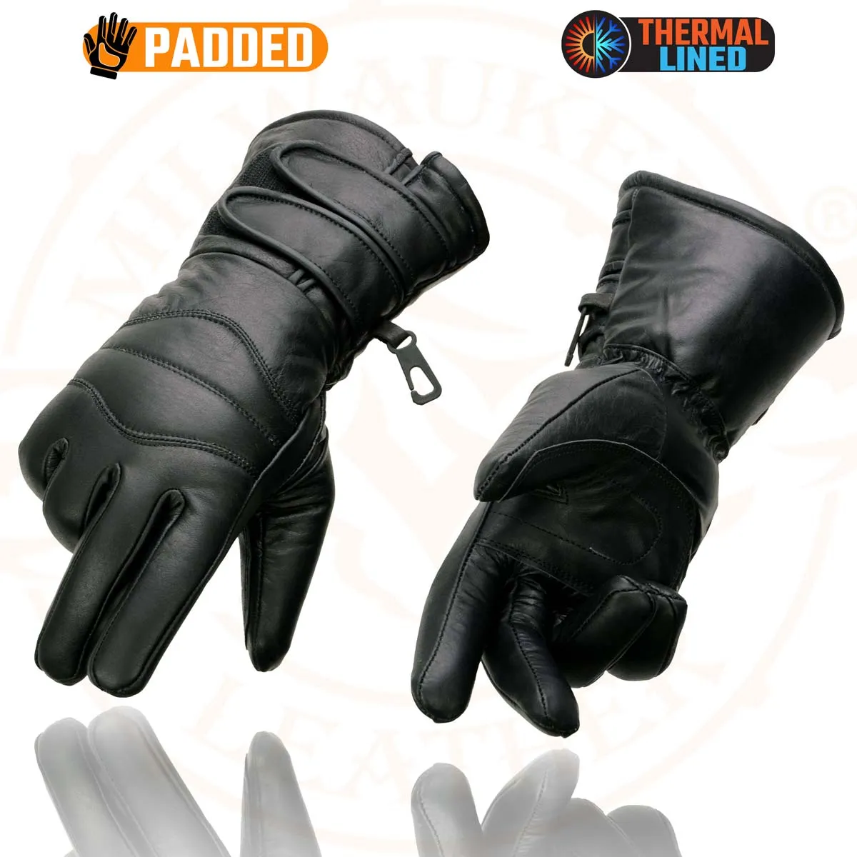 Milwaukee Leather SH233 Men's Black Leather Warm Lining Gauntlet Motorcycle Hand Gloves W/ Double Strap Cuff Pull-on Closure