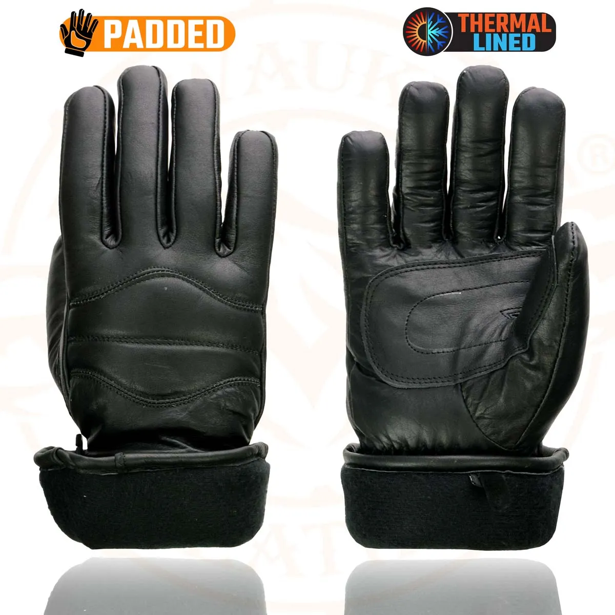 Milwaukee Leather SH233 Men's Black Leather Warm Lining Gauntlet Motorcycle Hand Gloves W/ Double Strap Cuff Pull-on Closure