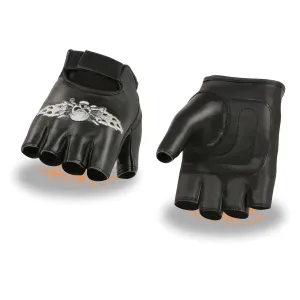 Milwaukee Leather SH353 Men's Black Leather Gel Padded Palm Fingerless Motorcycle Hand Gloves W/ ‘Embroidered Skull & Bones’