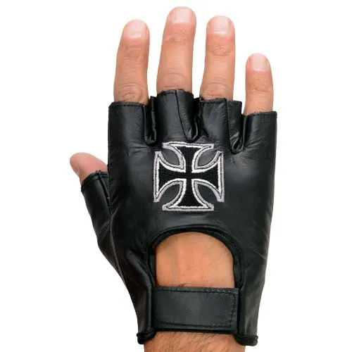 Milwaukee Leather SH354 Men's 'Iron Cross' Black Leather Fingerless