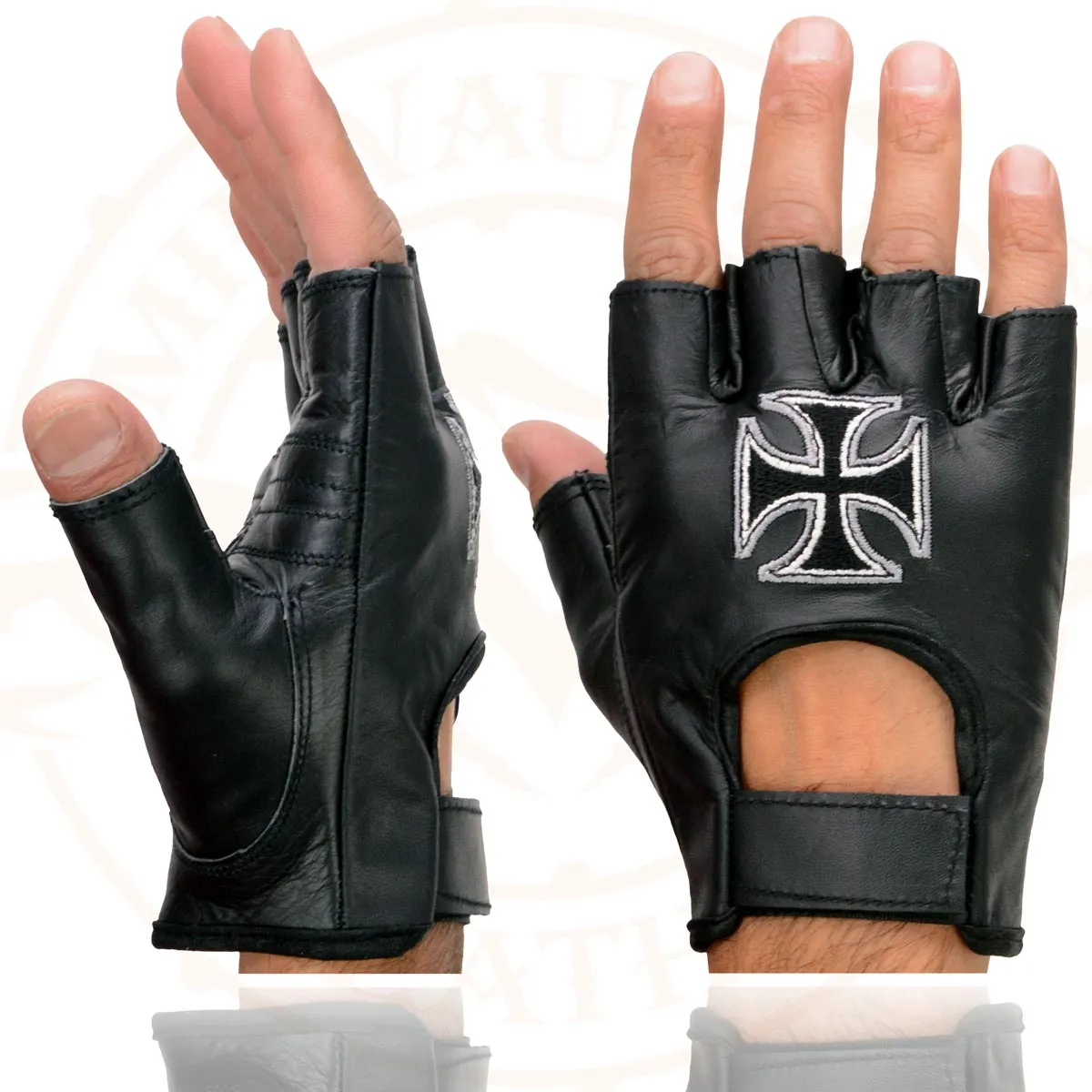 Milwaukee Leather SH354 Men's 'Iron Cross' Black Leather Fingerless