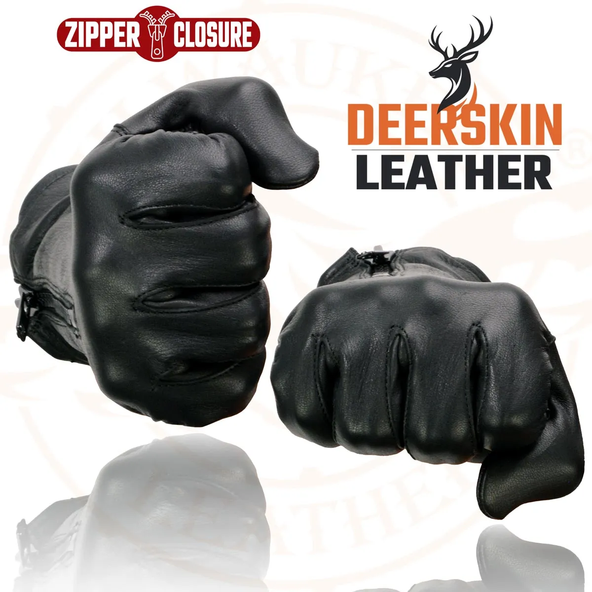 Milwaukee Leather SH867 Men's Black Unlined Deerskin Lightweight Motorcycle Hand Gloves W/ Wrist Zipper Closure