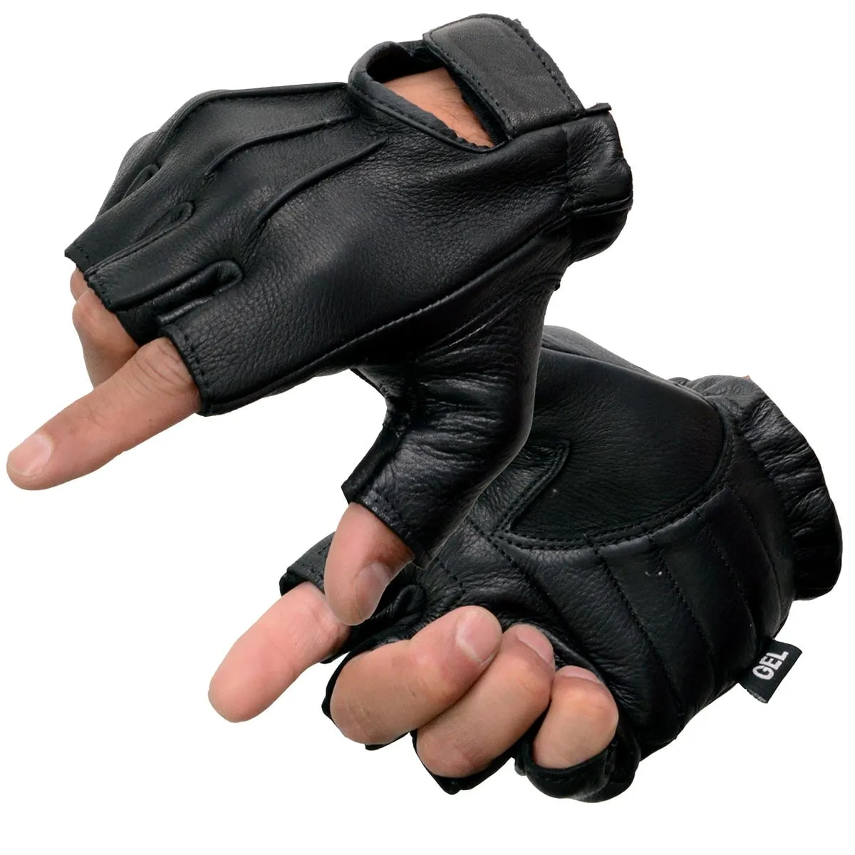 Milwaukee Leather SH878 Men's Black Leather Gel Padded Palm Fingerless Motorcycle Hand Gloves ‘Welted Genuine USA Deerskin’