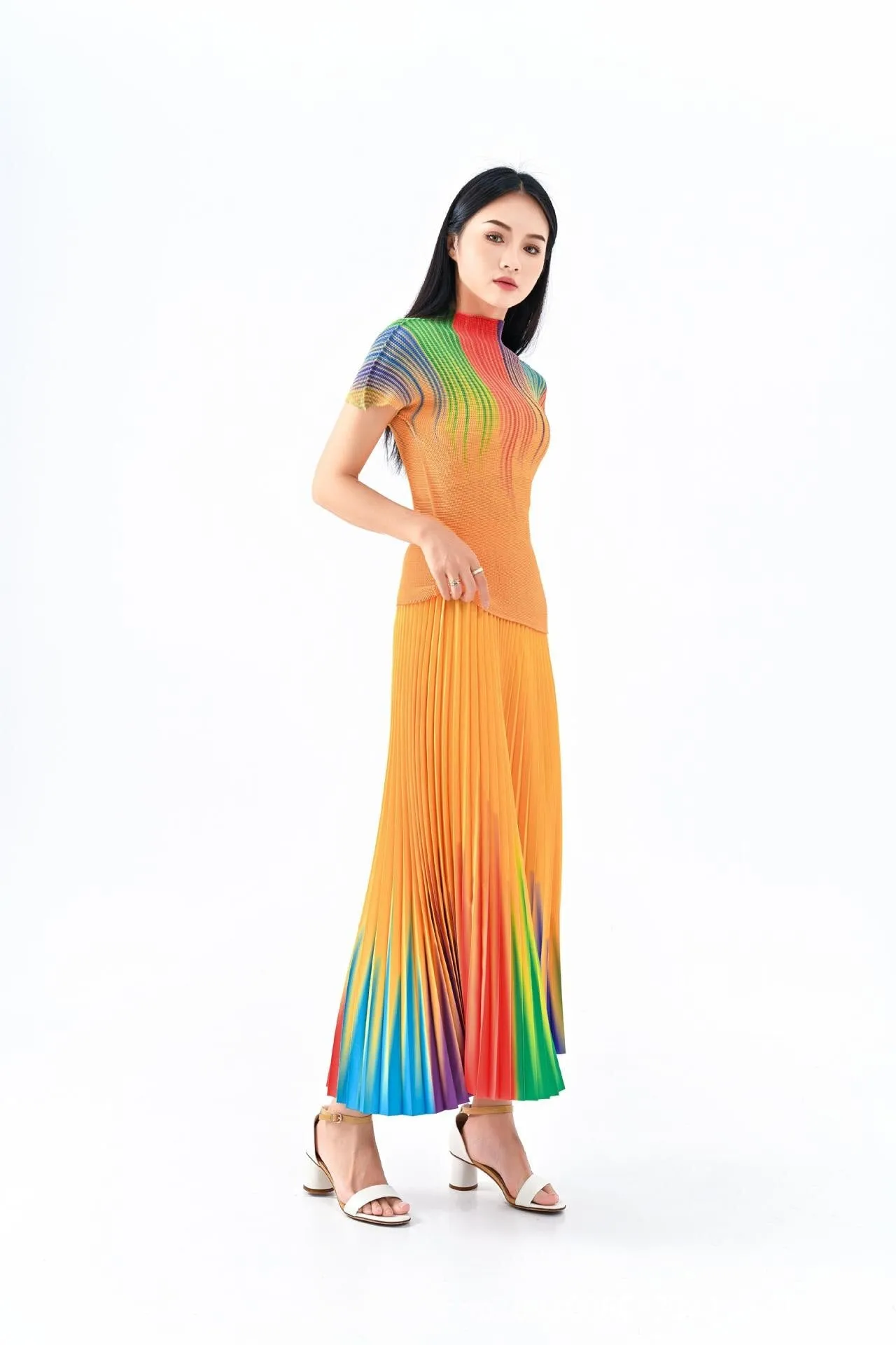 Miyake Pleated Gradient T-Shirt & Long Skirt Set