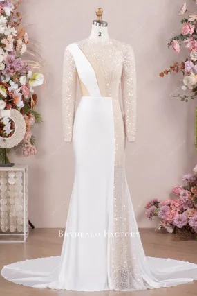 Modern White Illusion Sleeves Beading Jersey Prom Dress